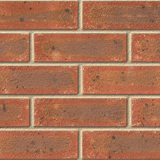 Ibstock Balmoral wirecut facing brick laid in stretcher bond, mottled red and orange stock texture